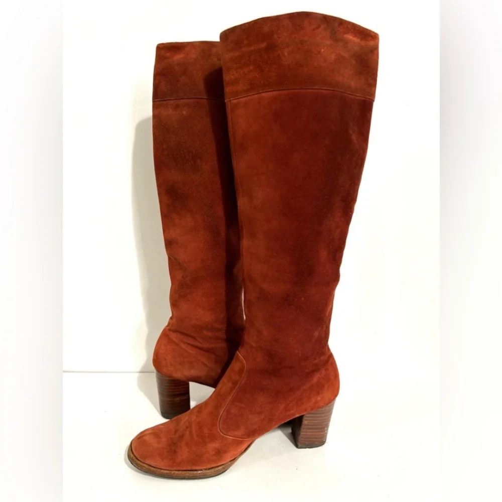 Beautiful 1970s Knee Boots, Genuine Suede Burnt Orange Stacked Heel Size 6 - Picture 13 of 16